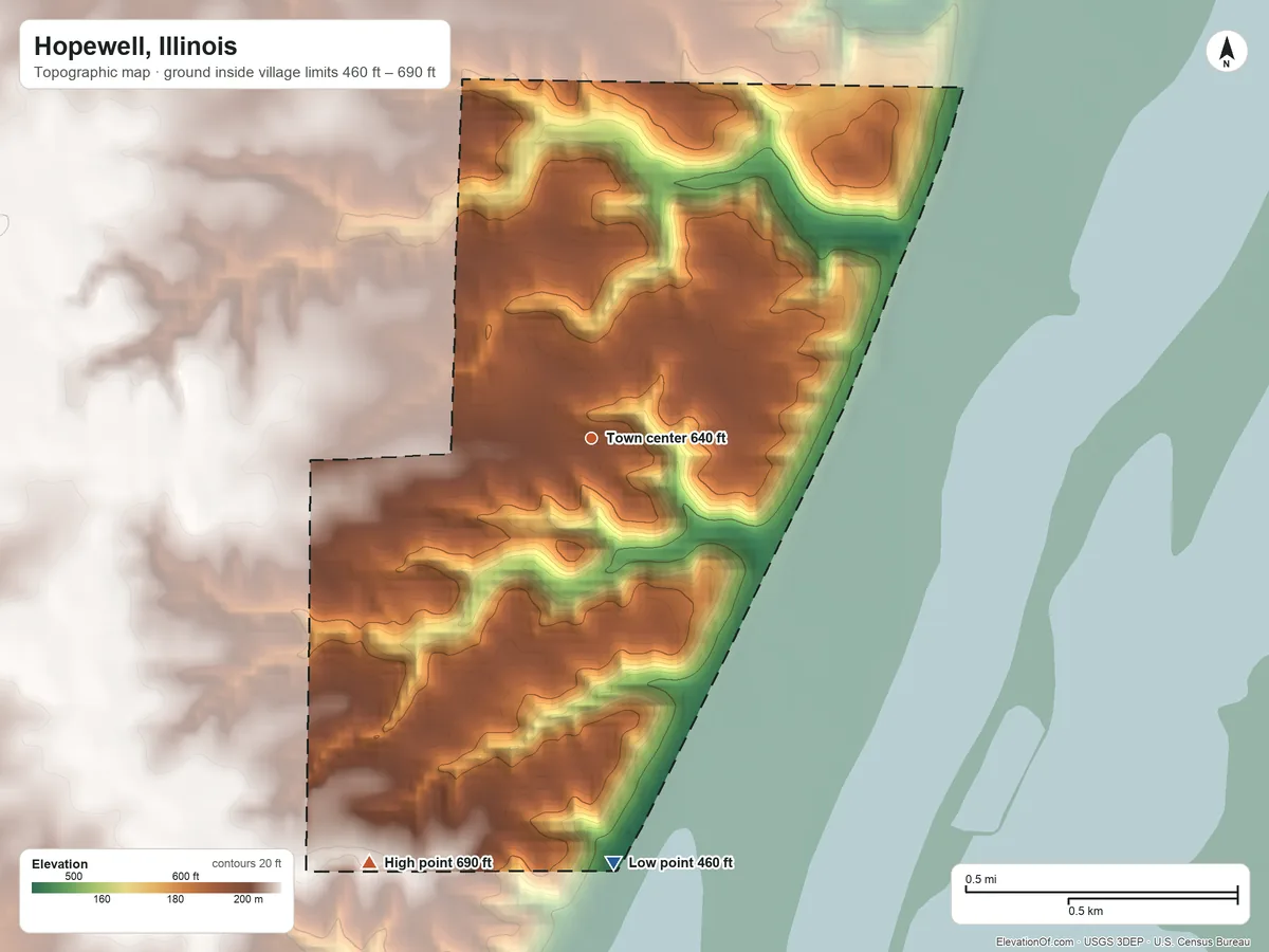 Topographic elevation map of Hopewell, Illinois, shaded from 460 ft on the south side to 690 ft on the southwest side