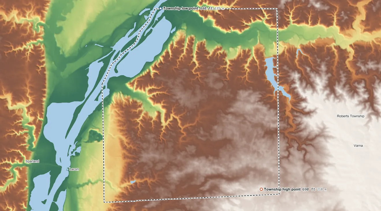 Topographic elevation map of Hopewell Township, Illinois, shaded from 440 ft on the north side to 690 ft on the southeast side