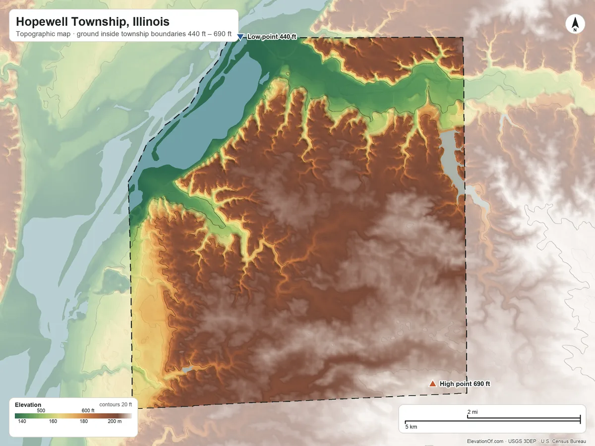 Topographic elevation map of Hopewell Township, Illinois, shaded from 440 ft on the north side to 690 ft on the southeast side