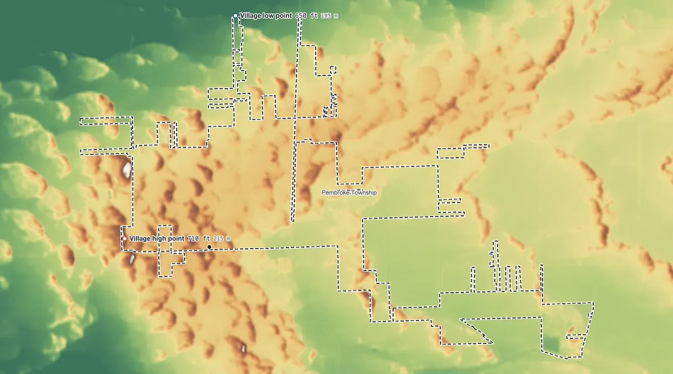 Topographic elevation map of Hopkins Park, Illinois, shaded from 650 ft on the north side to 710 ft on the west side