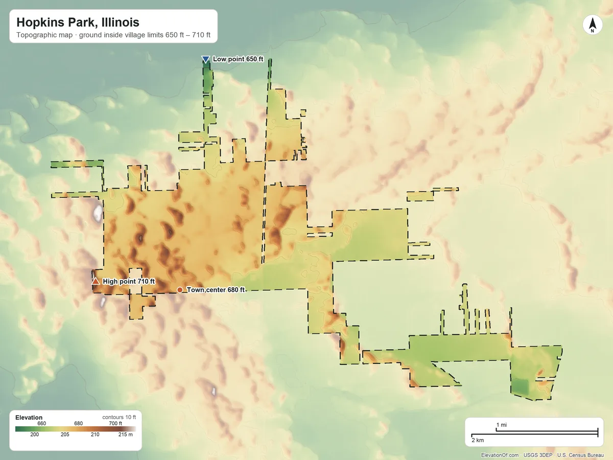 Topographic elevation map of Hopkins Park, Illinois, shaded from 650 ft on the north side to 710 ft on the west side