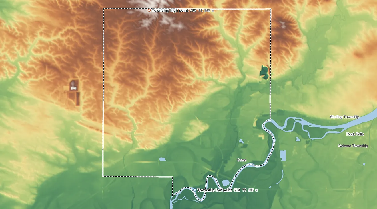 Topographic elevation map of Hopkins Township, Illinois, shaded from 610 ft on the south side to 790 ft on the northwest side