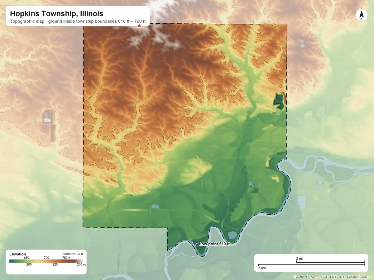Topographic elevation map of Hopkins Township, Illinois, shaded from 610 ft on the south side to 790 ft on the northwest side