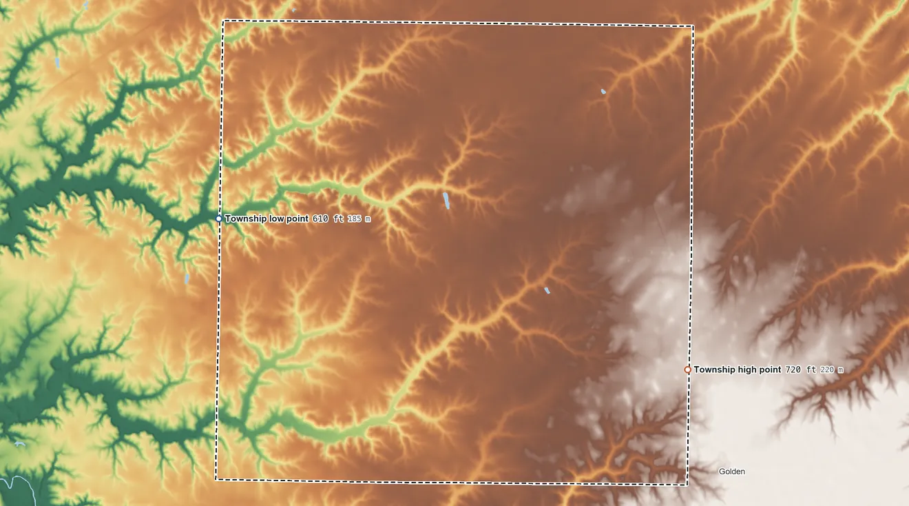 Topographic elevation map of Houston Township, Illinois, shaded from 610 ft on the west side to 720 ft on the east side
