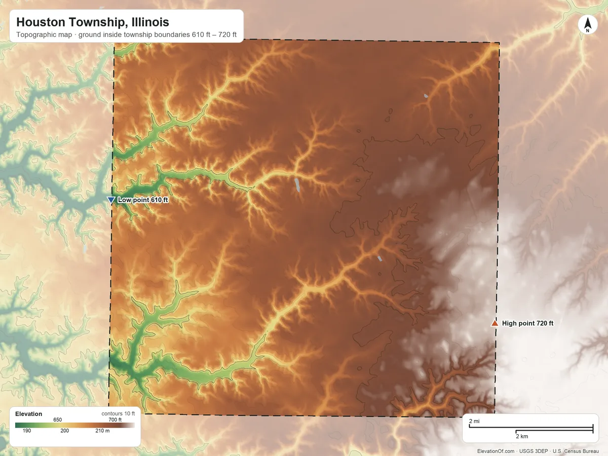 Topographic elevation map of Houston Township, Illinois, shaded from 610 ft on the west side to 720 ft on the east side