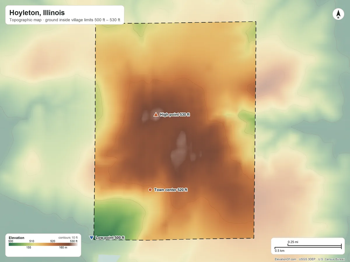 Topographic elevation map of Hoyleton, Illinois, shaded from 500 ft on the southwest side to 530 ft on the north side