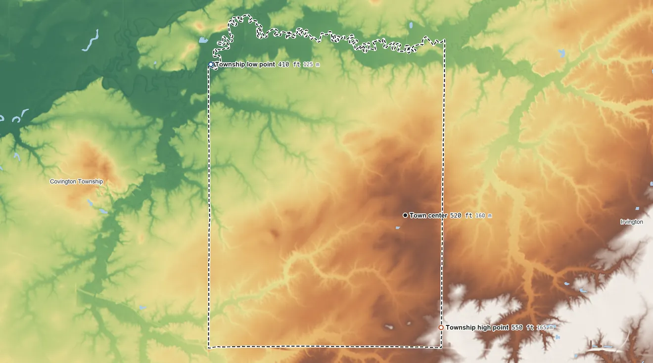 Topographic elevation map of Hoyleton Township, Illinois, shaded from 410 ft on the northwest side to 550 ft on the south side