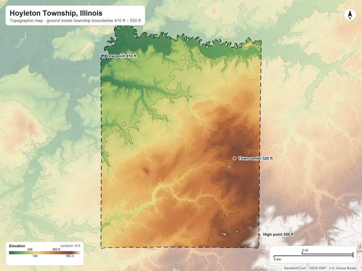 Topographic elevation map of Hoyleton Township, Illinois, shaded from 410 ft on the northwest side to 550 ft on the south side