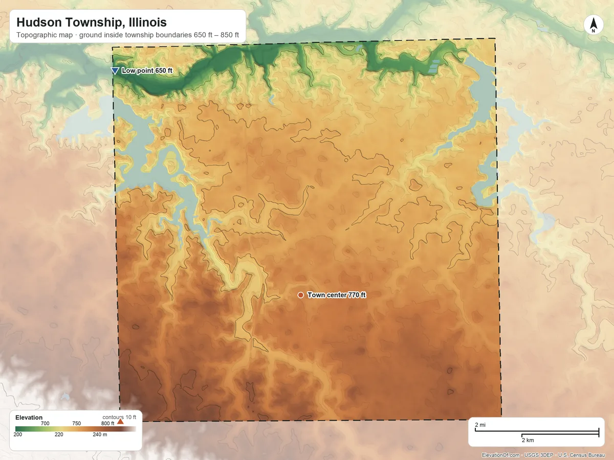 Topographic elevation map of Hudson Township, Illinois, shaded from 650 ft on the northwest side to 850 ft on the southwest side