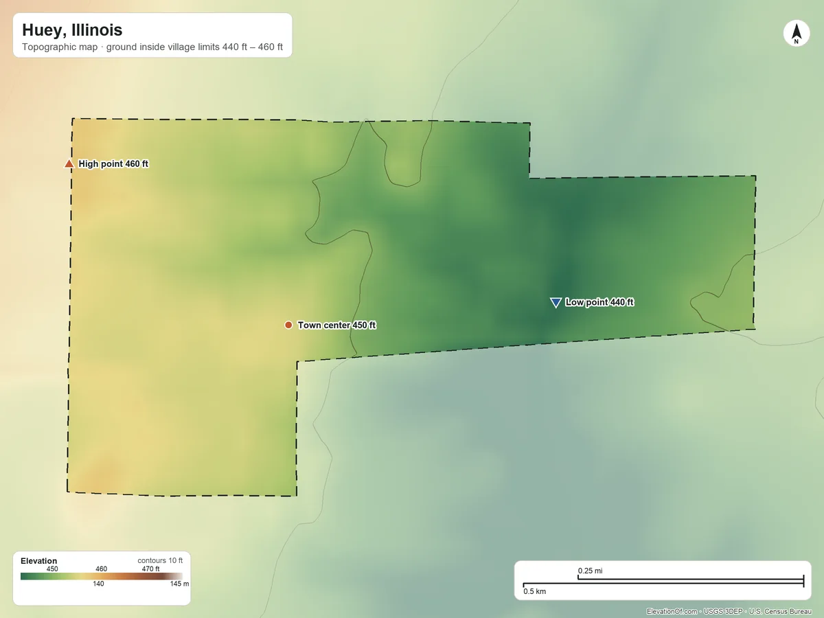 Topographic elevation map of Huey, Illinois, shaded from 440 ft on the east side to 460 ft on the northwest side