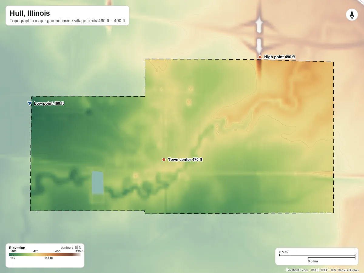 Topographic elevation map of Hull, Illinois, shaded from 460 ft on the northwest side to 490 ft on the northeast side