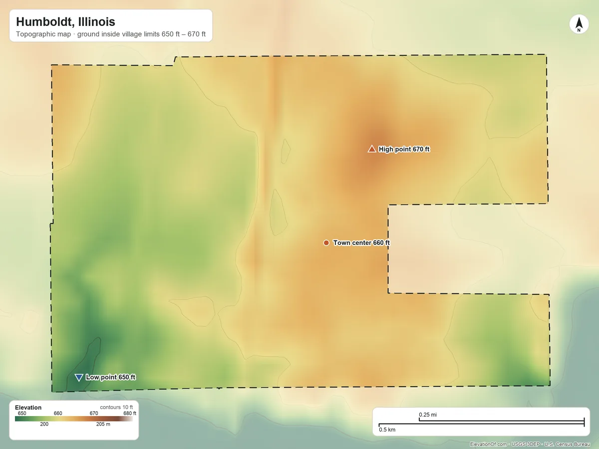 Topographic elevation map of Humboldt, Illinois, shaded from 650 ft on the southwest side to 670 ft on the northeast side