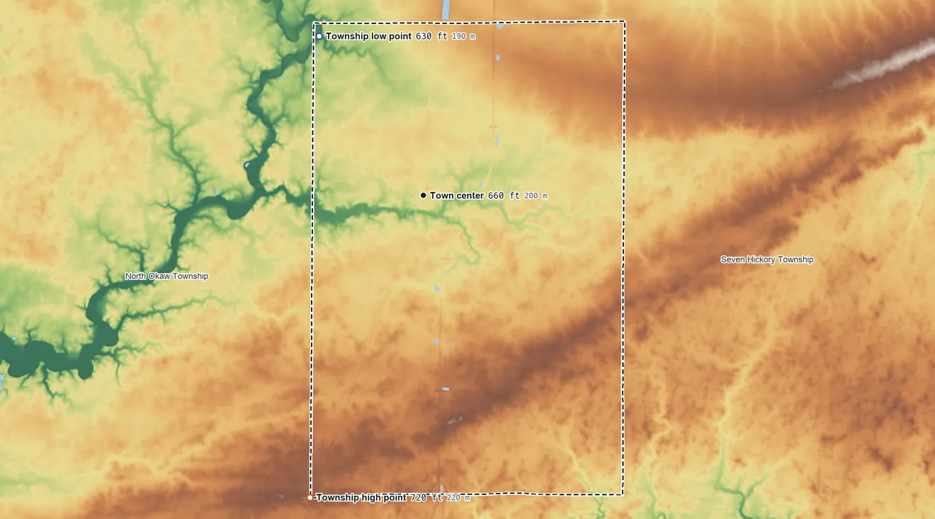 Topographic elevation map of Humboldt Township, Illinois, shaded from 630 ft on the northwest side to 720 ft on the south side