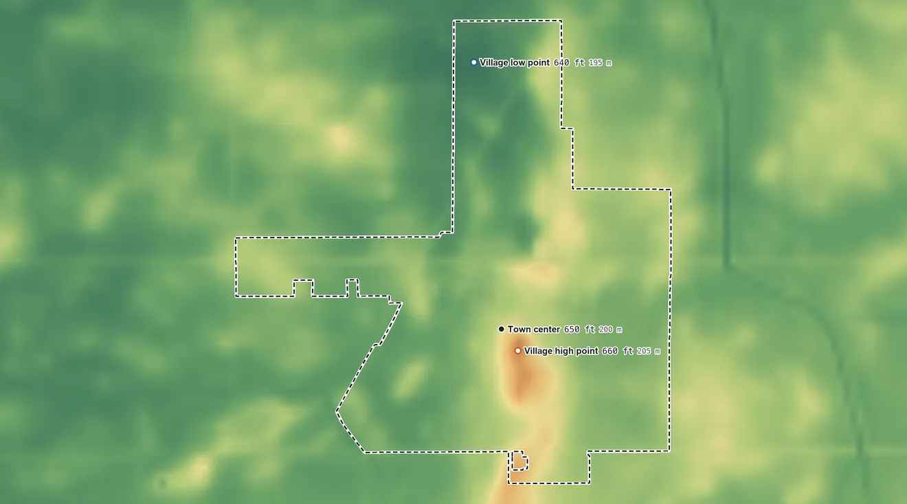 Topographic elevation map of Hume, Illinois, shaded from 640 ft on the north side to 660 ft near the middle