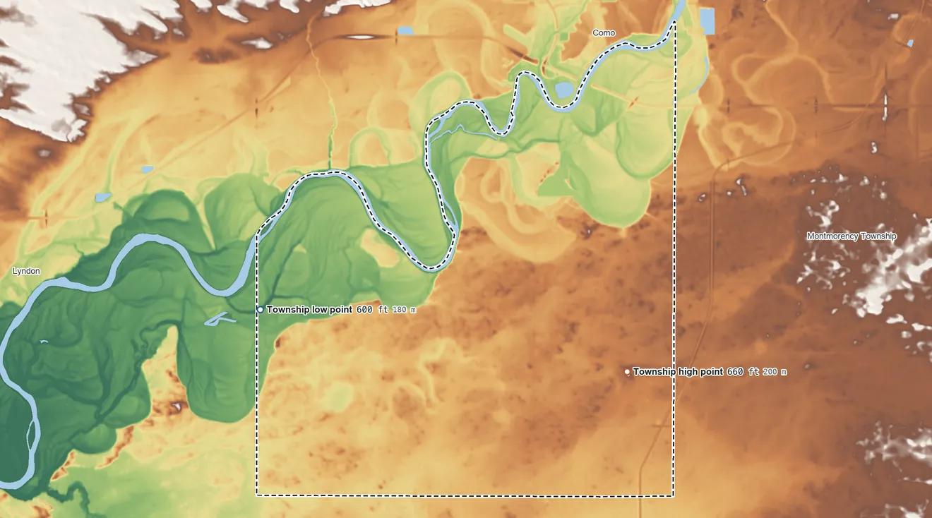 Topographic elevation map of Hume Township, Illinois, shaded from 600 ft on the west side to 660 ft on the southeast side