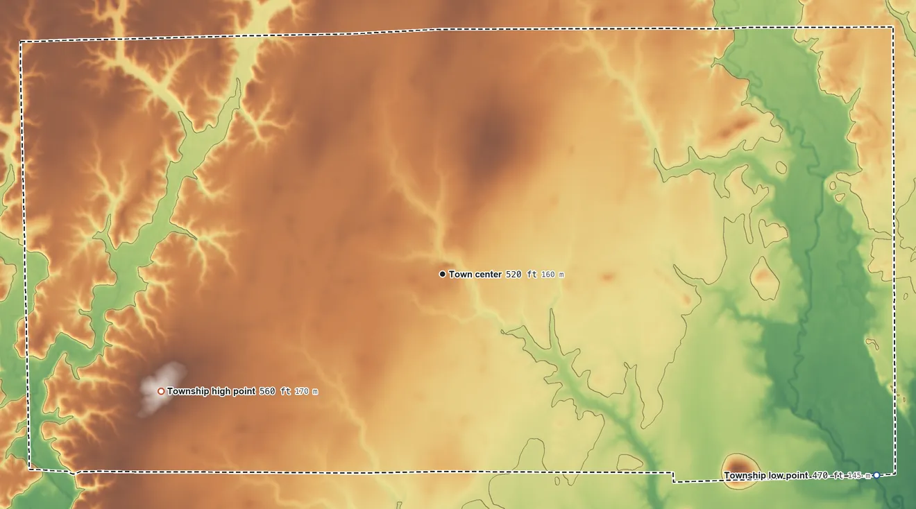 Topographic elevation map of Hunt City Township, Illinois, shaded from 470 ft on the southeast side to 560 ft on the southwest side