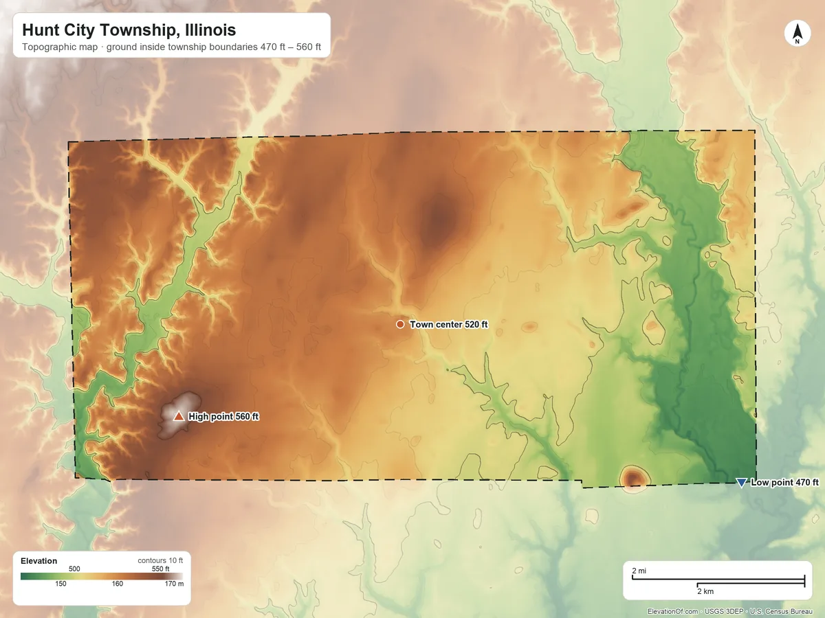 Topographic elevation map of Hunt City Township, Illinois, shaded from 470 ft on the southeast side to 560 ft on the southwest side
