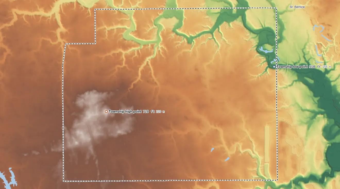 Topographic elevation map of Hunter Township, Illinois, shaded from 510 ft on the east side to 720 ft on the southwest side