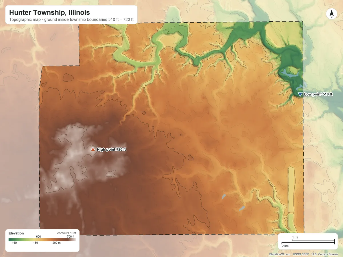 Topographic elevation map of Hunter Township, Illinois, shaded from 510 ft on the east side to 720 ft on the southwest side