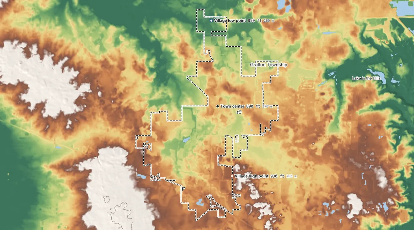 Topographic elevation map of Huntley, Illinois, shaded from 850 ft on the north side to 930 ft on the south side