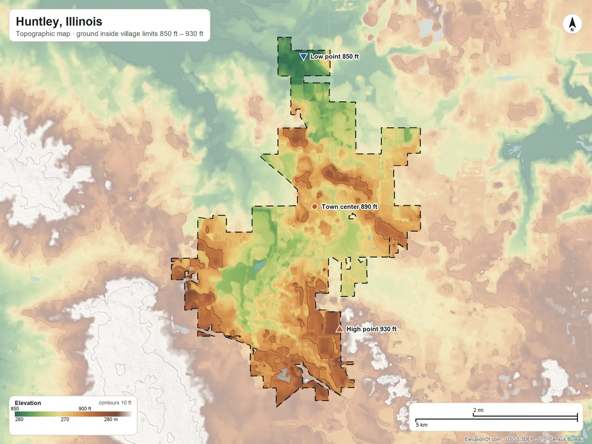 Topographic elevation map of Huntley, Illinois, shaded from 850 ft on the north side to 930 ft on the south side
