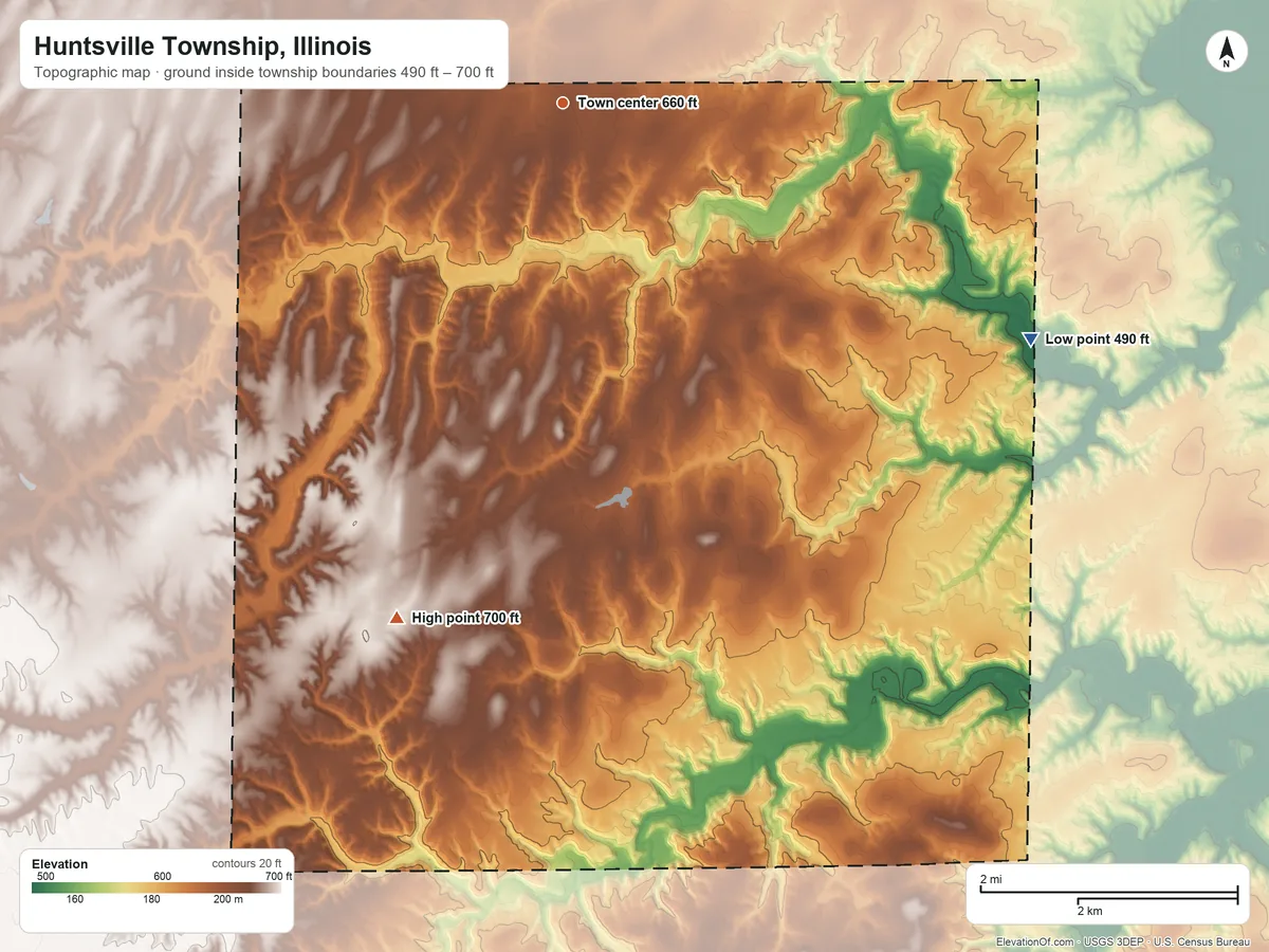 Topographic elevation map of Huntsville Township, Illinois, shaded from 490 ft on the southeast side to 700 ft on the south side