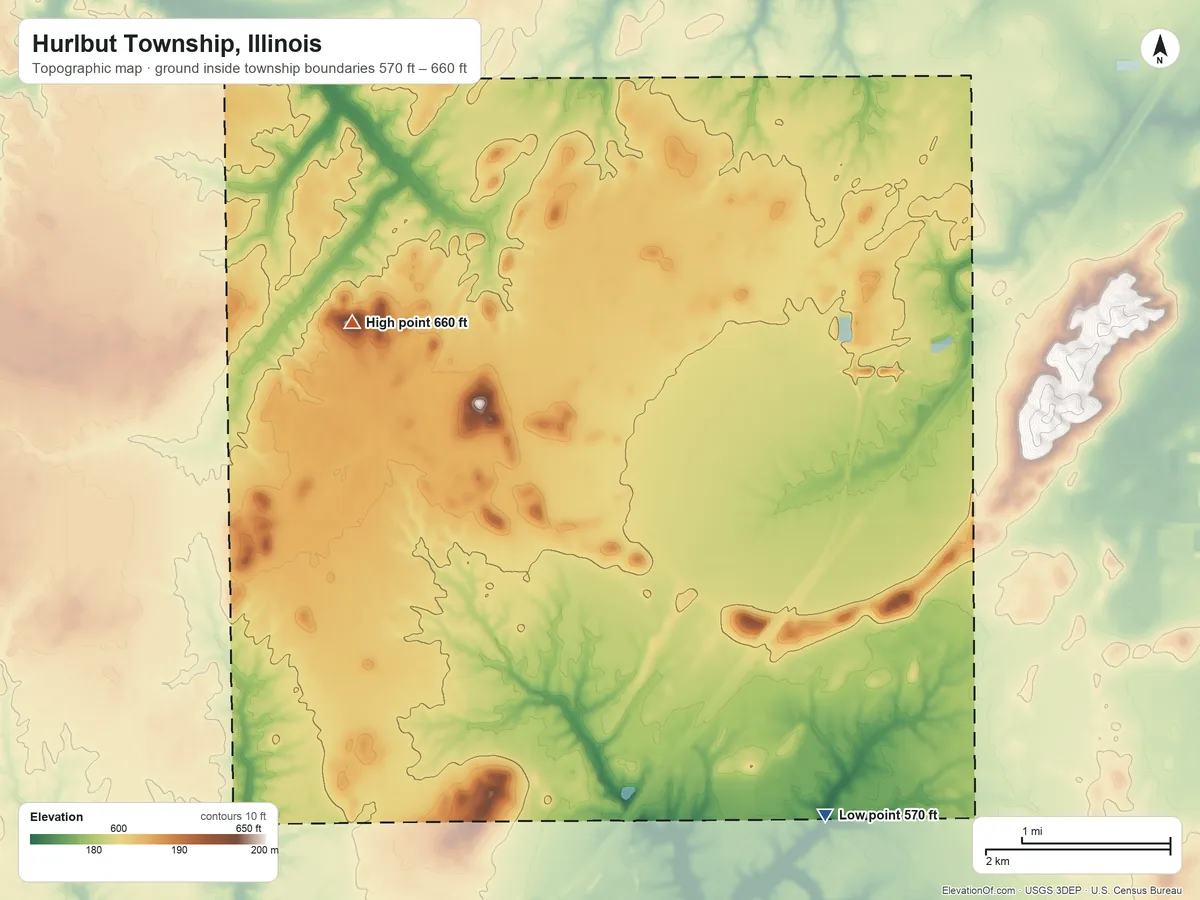 Topographic elevation map of Hurlbut Township, Illinois, shaded from 570 ft on the south side to 660 ft on the west side