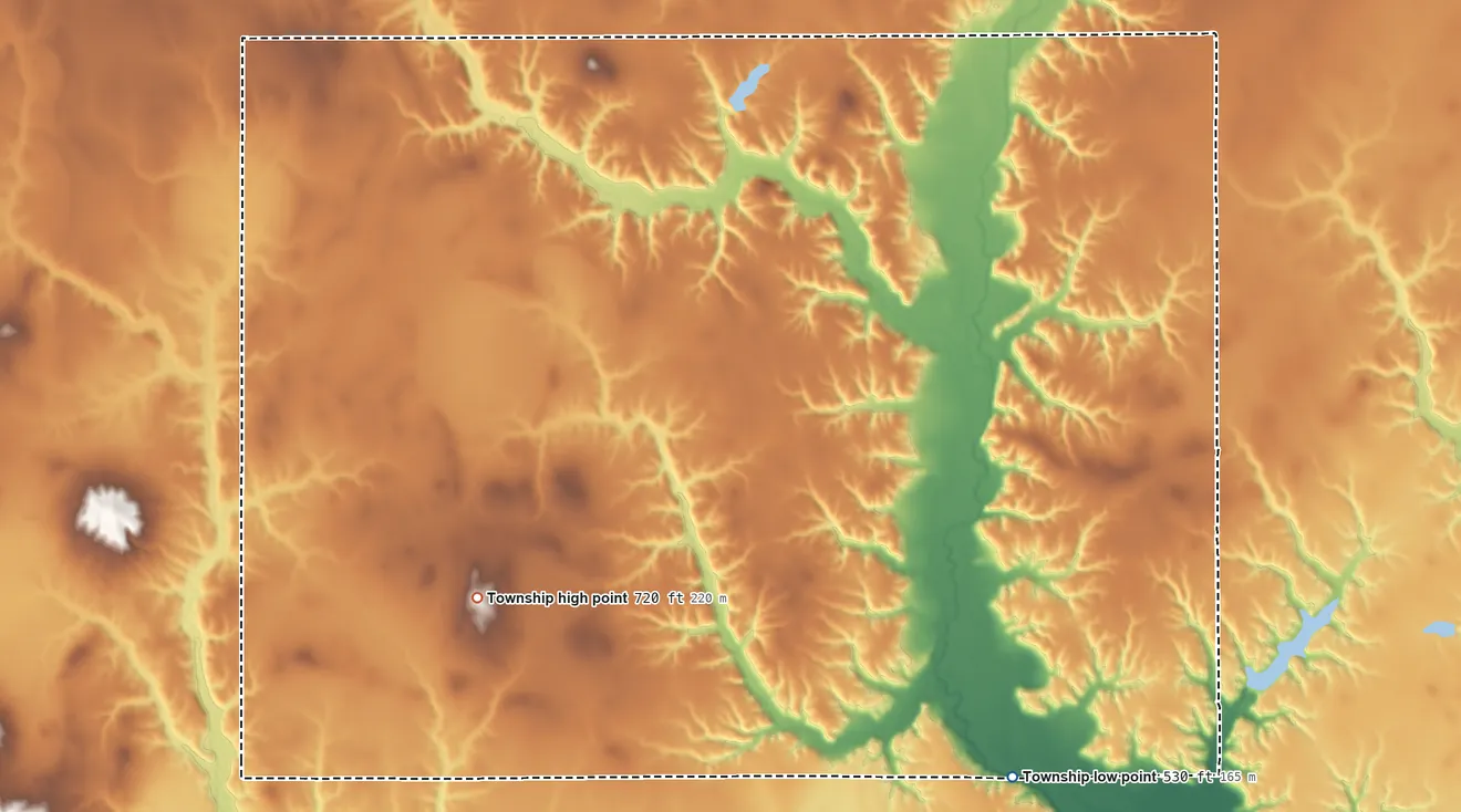 Topographic elevation map of Hurricane Township, Illinois, shaded from 530 ft on the southeast side to 720 ft on the southwest side