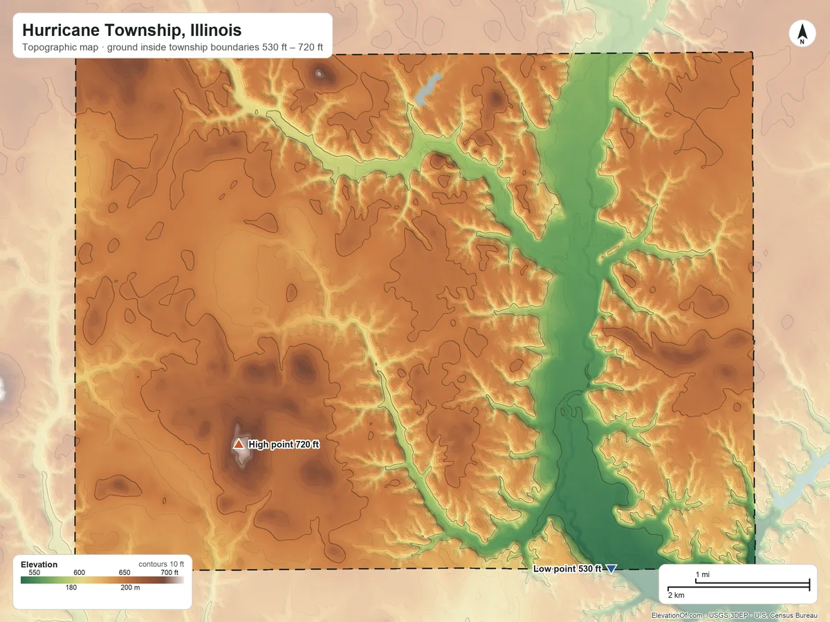 Topographic elevation map of Hurricane Township, Illinois, shaded from 530 ft on the southeast side to 720 ft on the southwest side