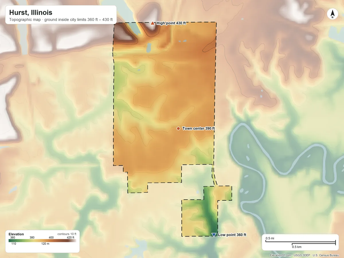 Topographic elevation map of Hurst, Illinois, shaded from 360 ft on the south side to 430 ft on the north side