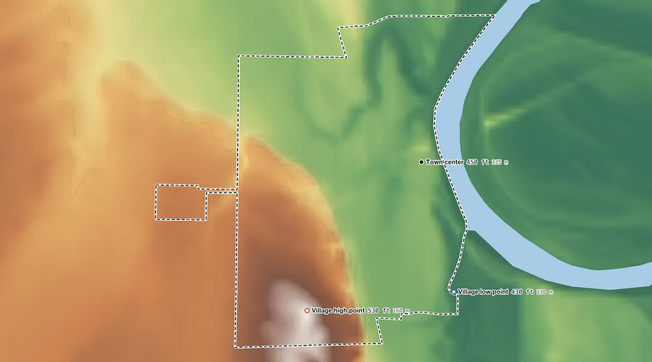 Topographic elevation map of Hutsonville, Illinois, shaded from 430 ft on the south side to 530 ft on the southwest side