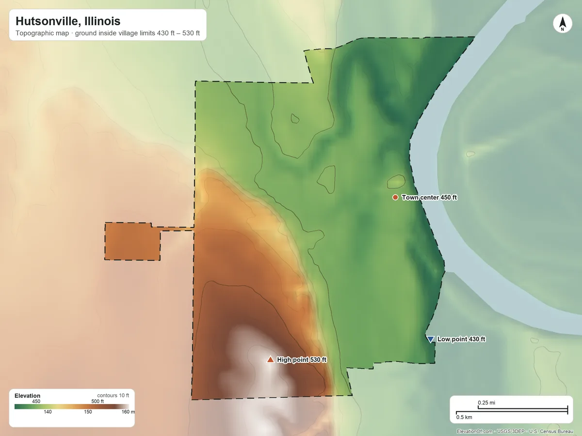 Topographic elevation map of Hutsonville, Illinois, shaded from 430 ft on the south side to 530 ft on the southwest side