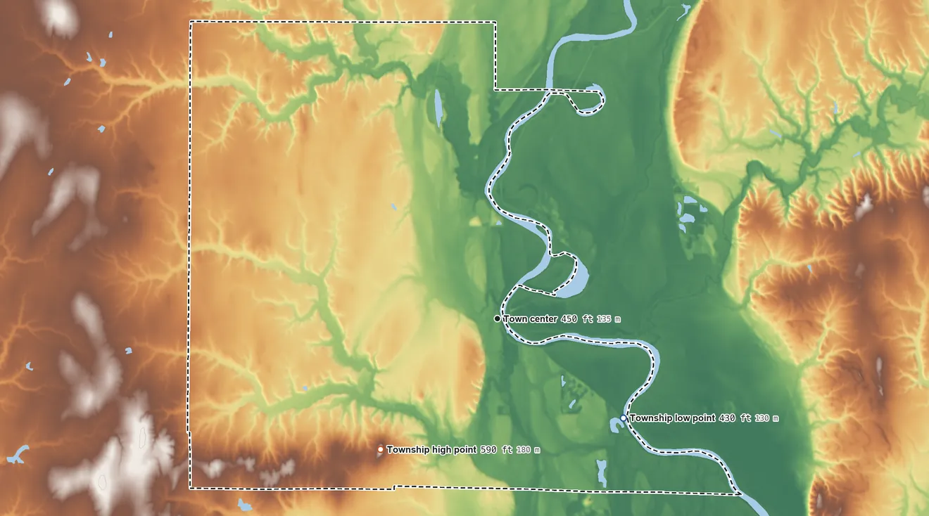 Topographic elevation map of Hutsonville Township, Illinois, shaded from 430 ft on the southeast side to 590 ft on the southwest side