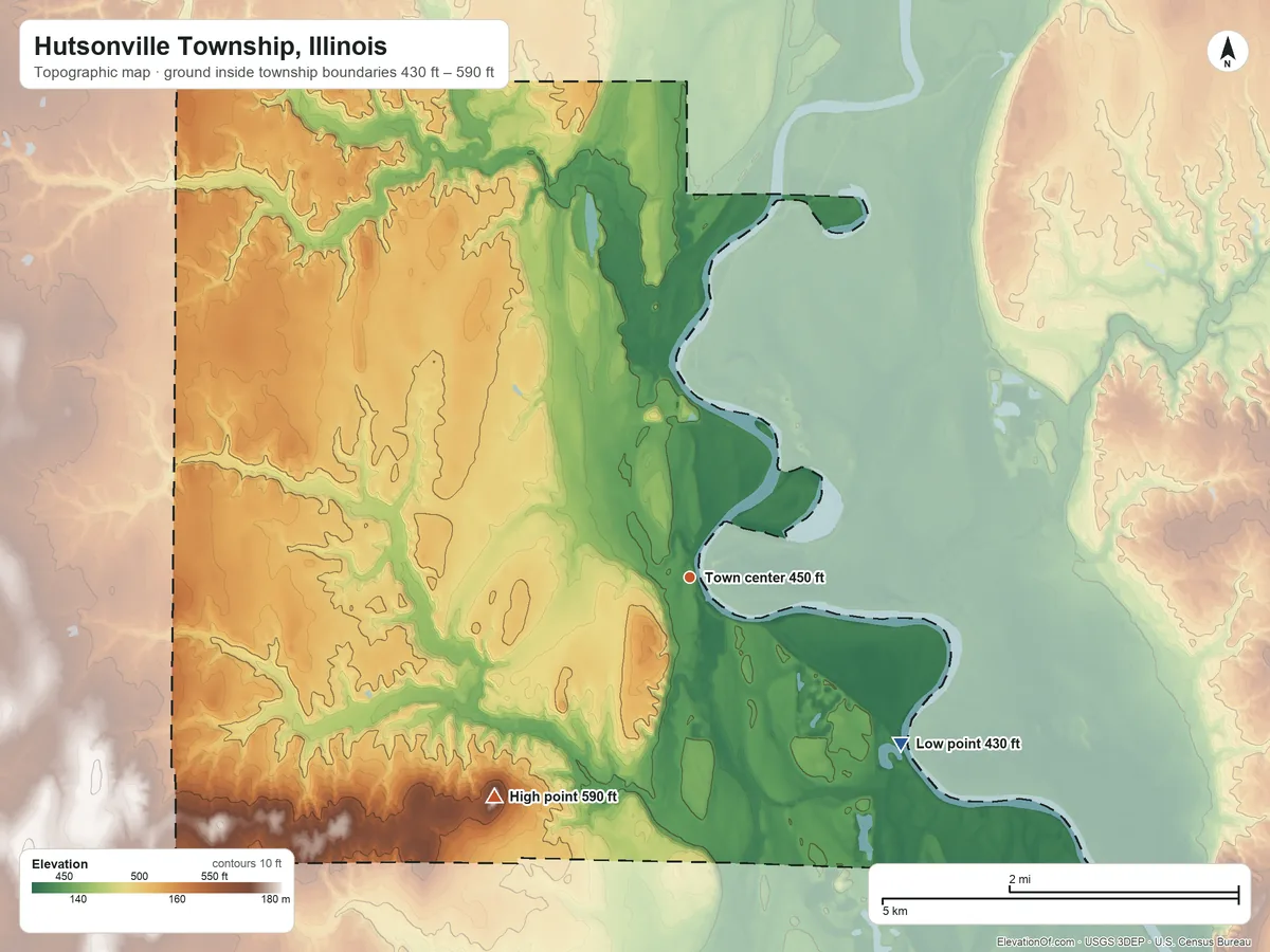 Topographic elevation map of Hutsonville Township, Illinois, shaded from 430 ft on the southeast side to 590 ft on the southwest side