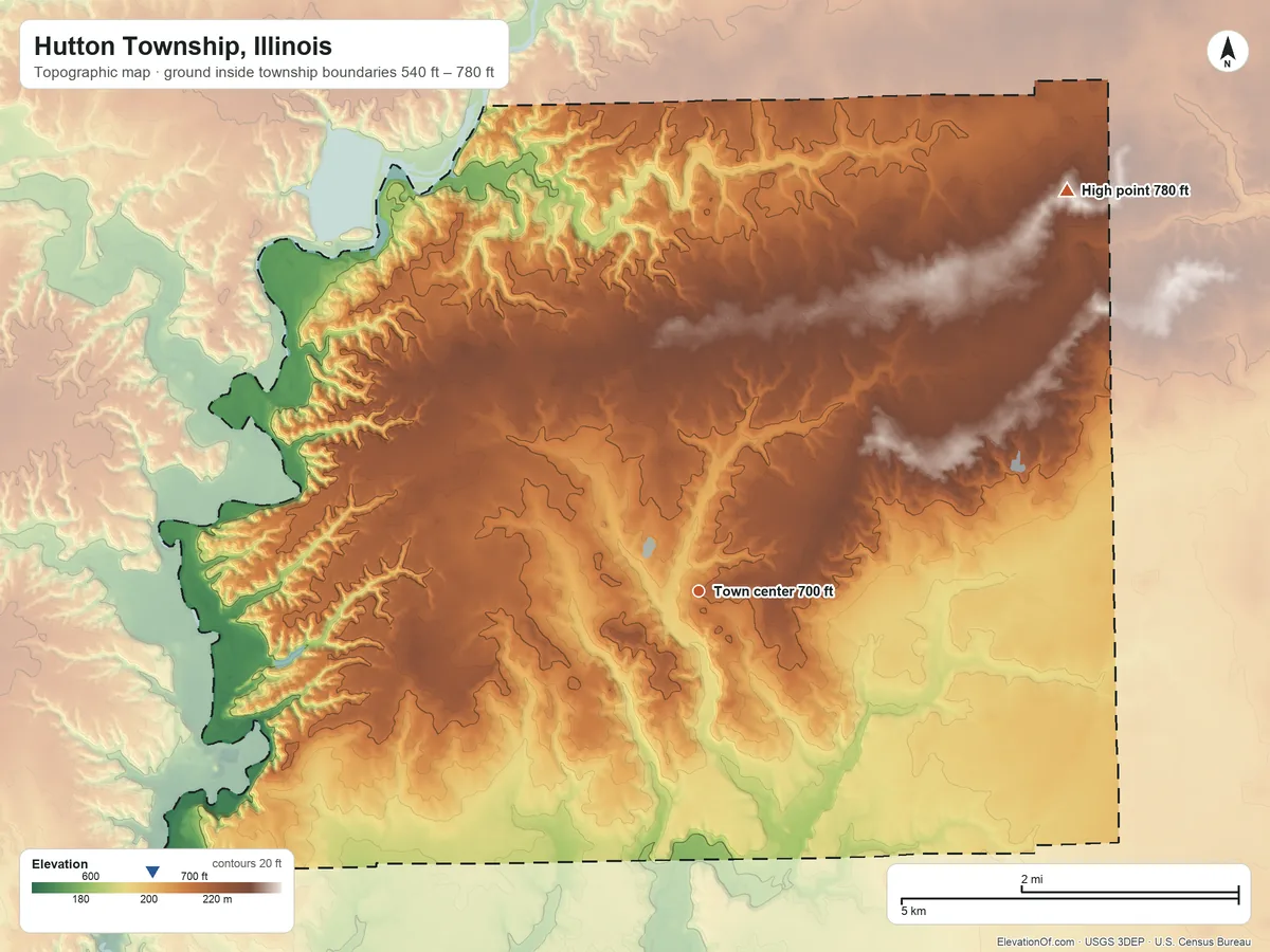 Topographic elevation map of Hutton Township, Illinois, shaded from 540 ft on the southwest side to 780 ft on the northeast side