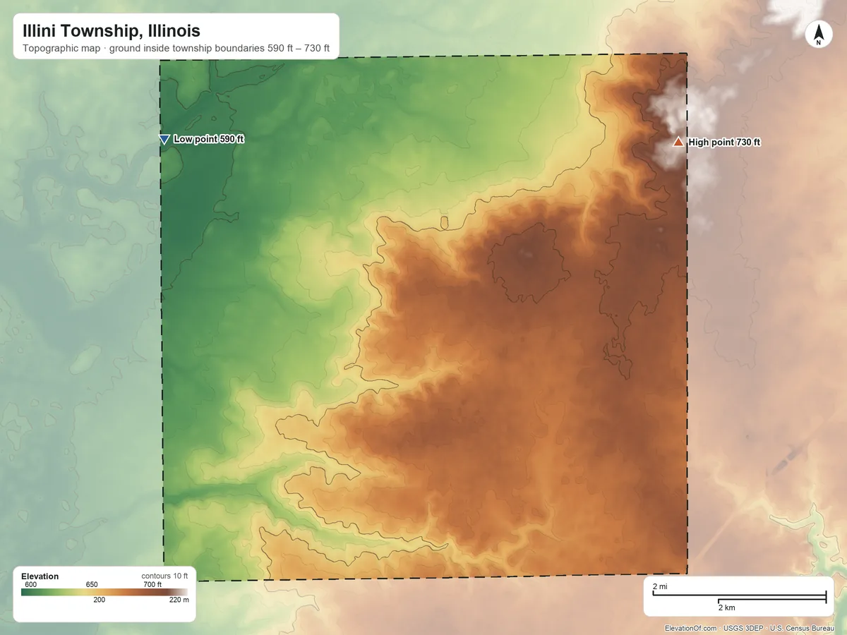 Topographic elevation map of Illini Township, Illinois, shaded from 590 ft on the west side to 730 ft on the northeast side