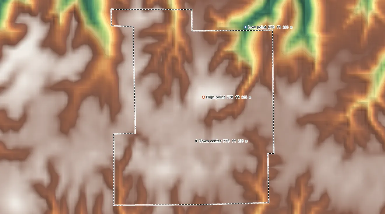 Topographic elevation map of Illinois City, Illinois, shaded from 670 ft on the northeast side to 770 ft on the north side