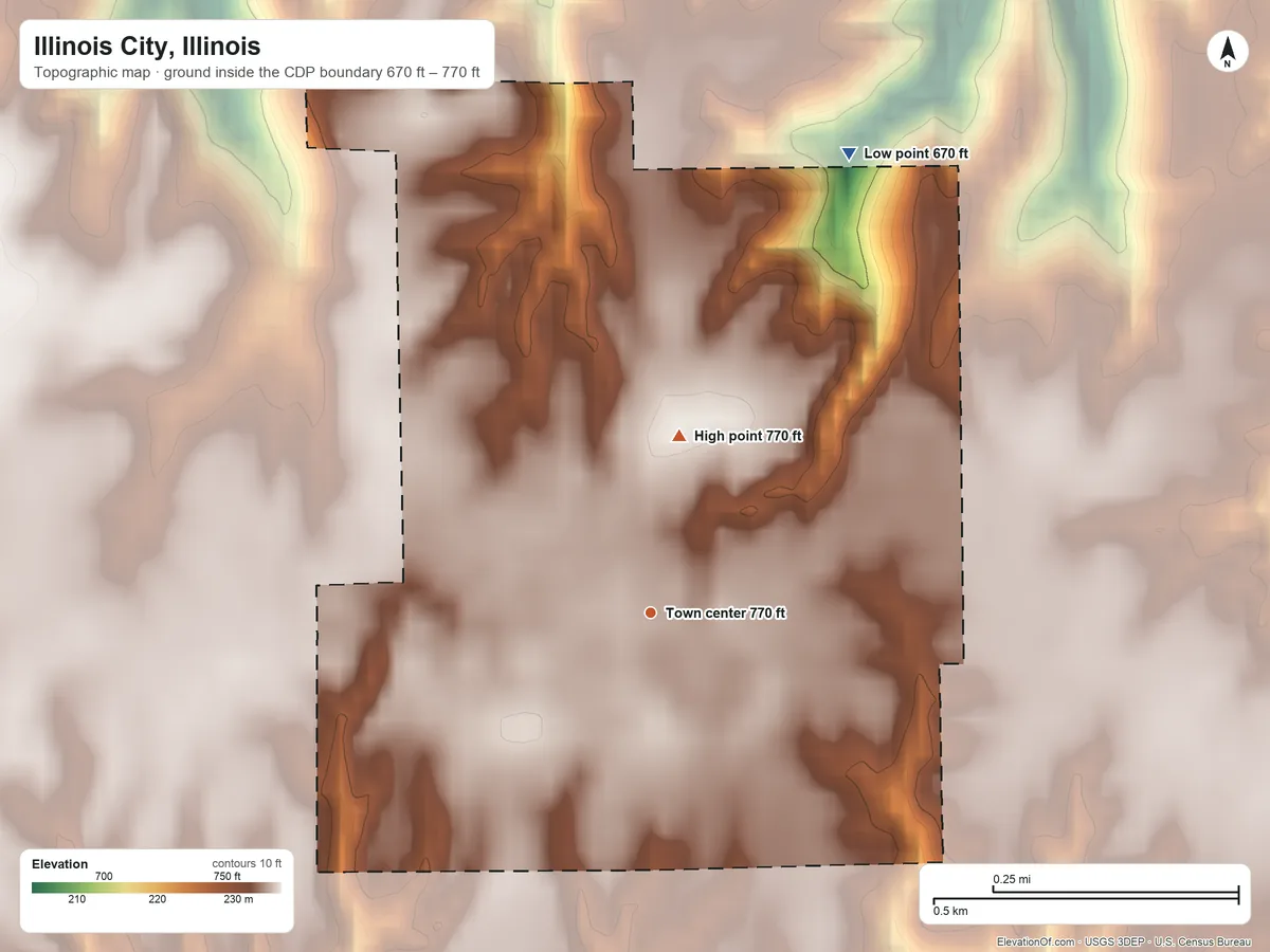 Topographic elevation map of Illinois City, Illinois, shaded from 670 ft on the northeast side to 770 ft on the north side