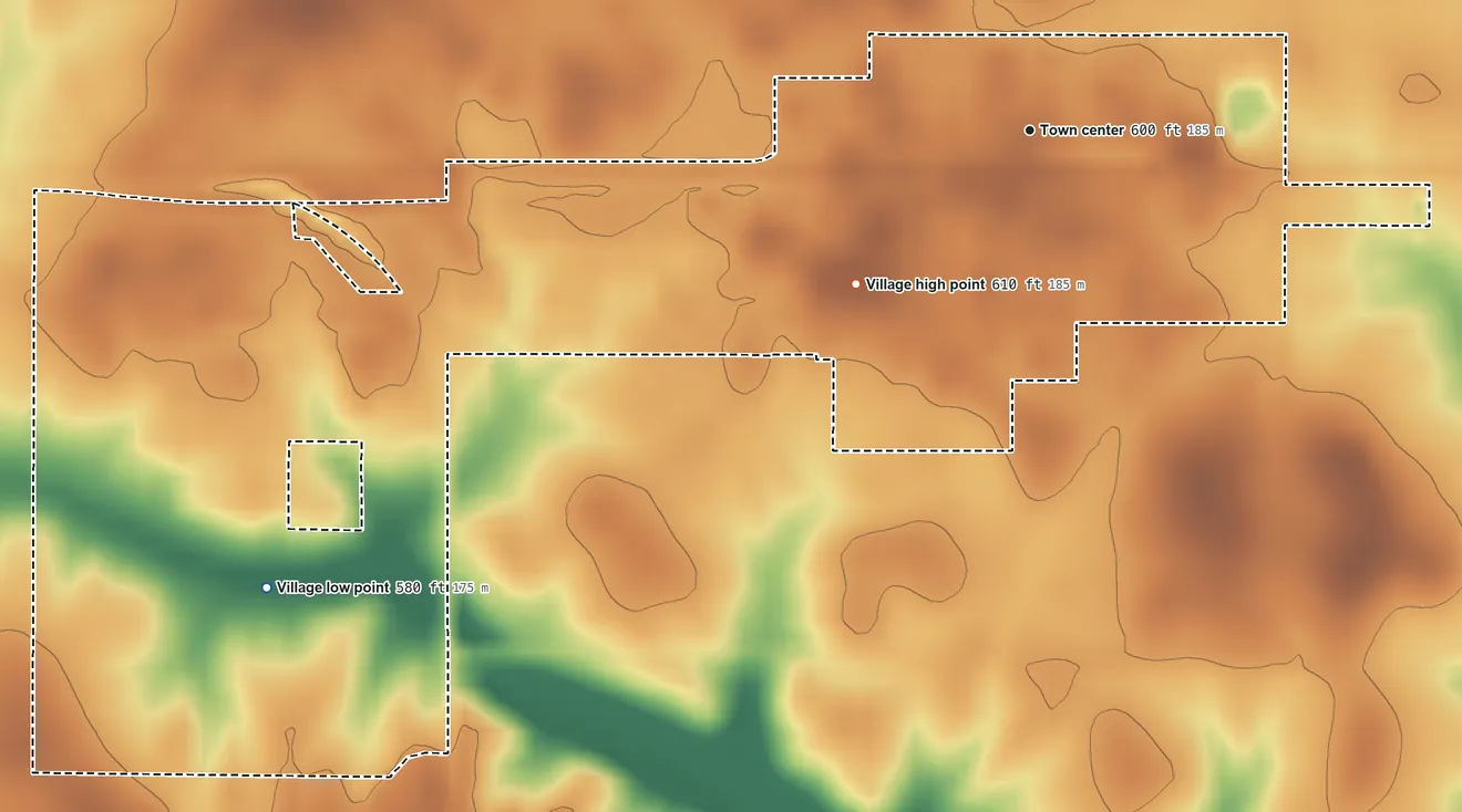 Topographic elevation map of Illiopolis, Illinois, shaded from 580 ft on the southwest side to 610 ft on the southwest side