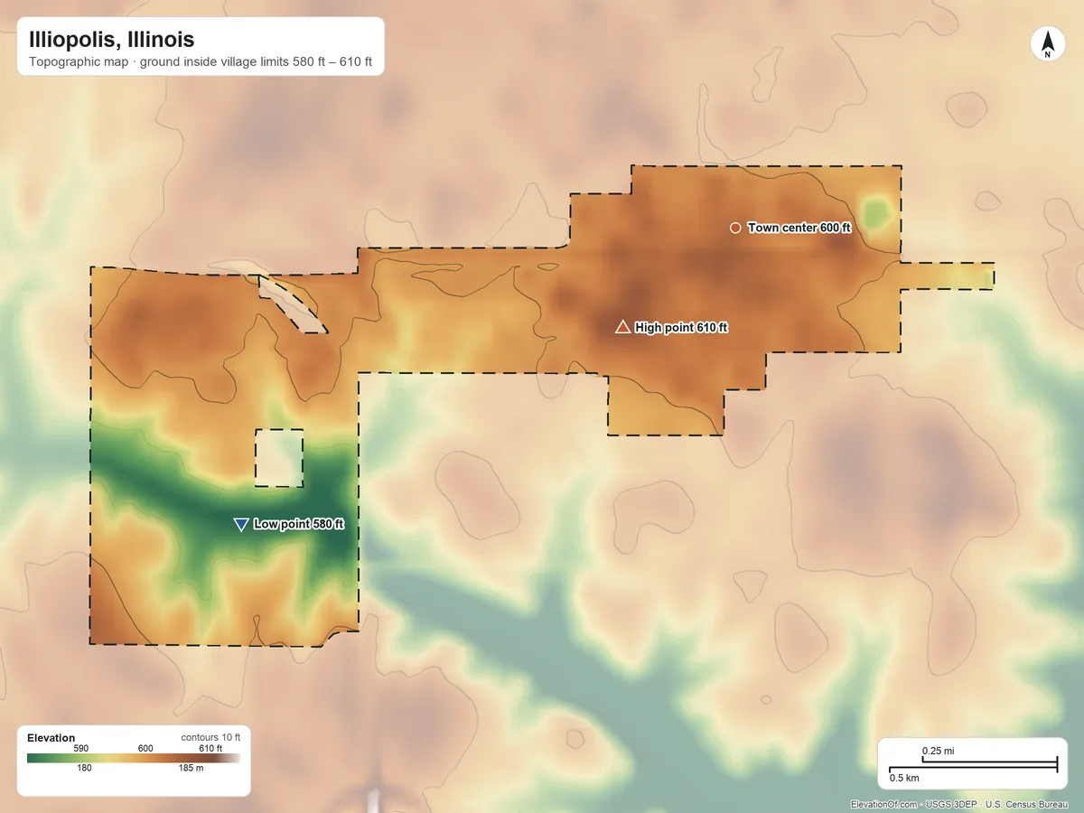 Topographic elevation map of Illiopolis, Illinois, shaded from 580 ft on the southwest side to 610 ft on the southwest side