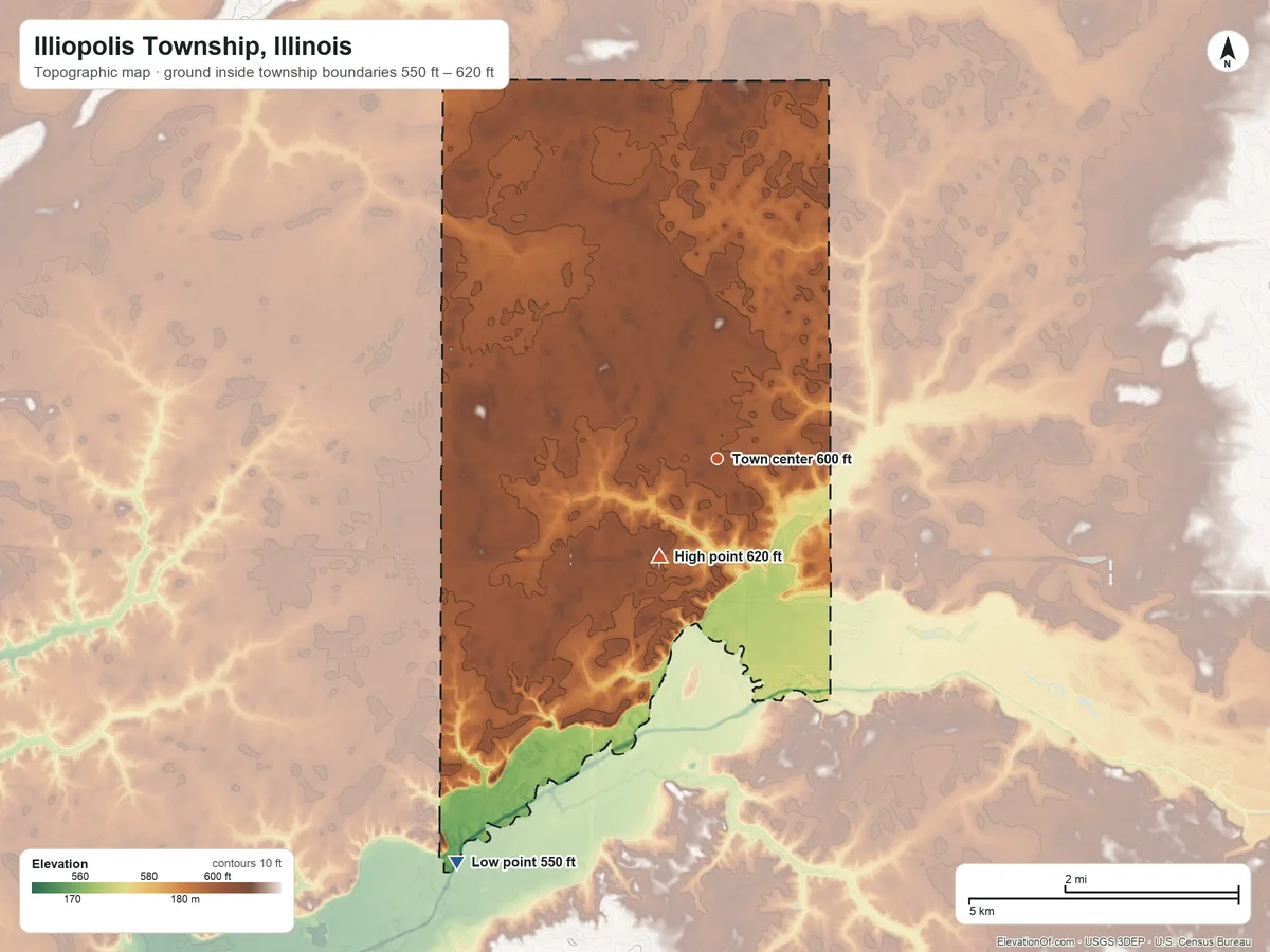 Topographic elevation map of Illiopolis Township, Illinois, shaded from 550 ft on the southwest side to 620 ft on the southwest side
