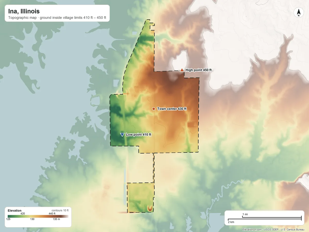 Topographic elevation map of Ina, Illinois, shaded from 410 ft on the southwest side to 450 ft on the northeast side