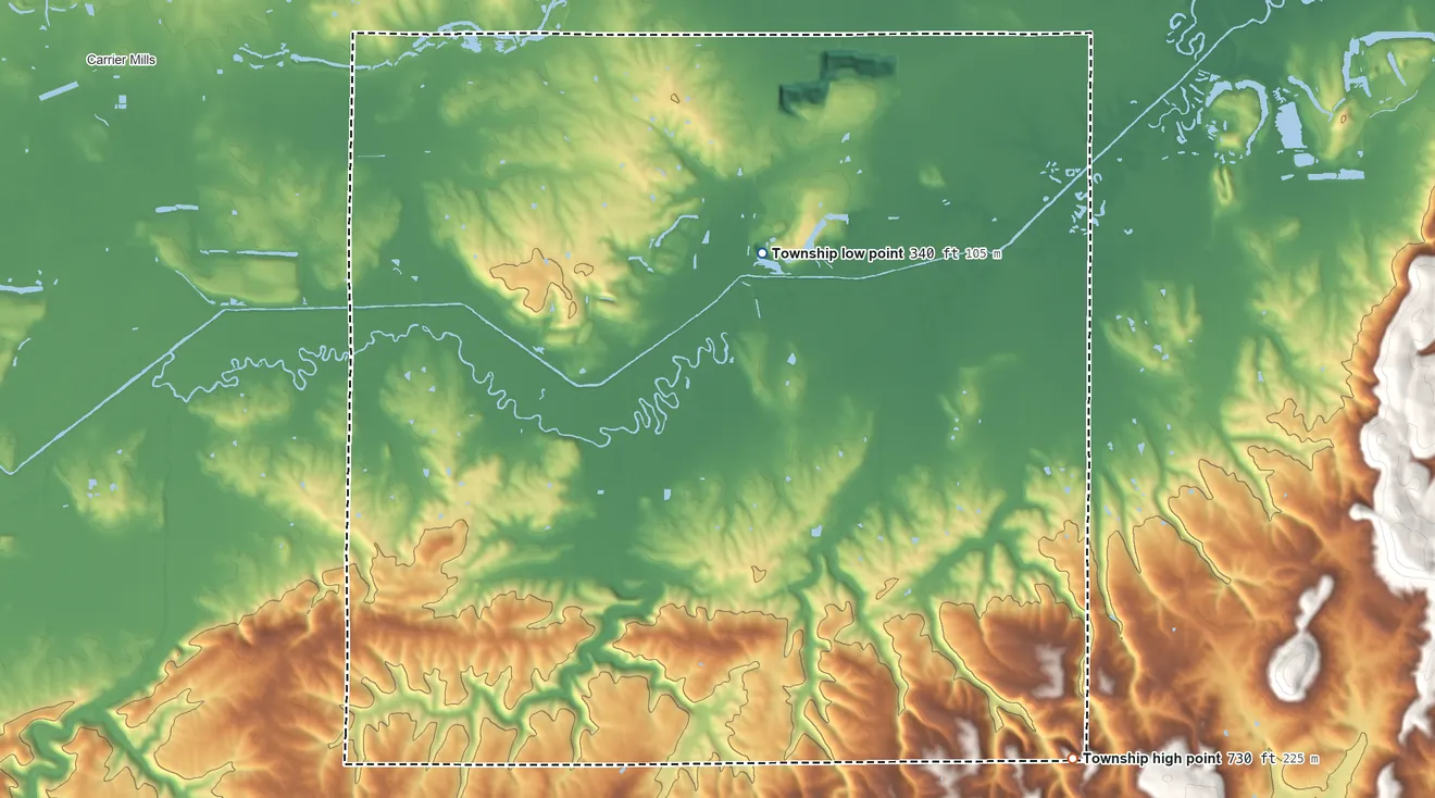Topographic elevation map of Independence Township, Illinois, shaded from 340 ft on the north side to 730 ft at the foot of the Eagle Mountains