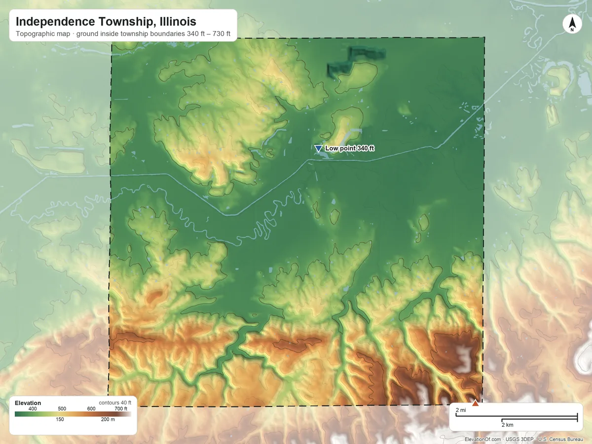 Topographic elevation map of Independence Township, Illinois, shaded from 340 ft on the north side to 730 ft at the foot of the Eagle Mountains
