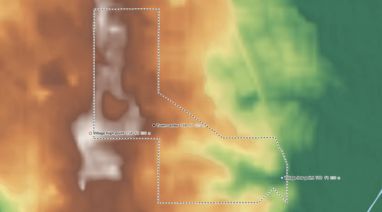 Topographic elevation map of Indian Creek, Illinois, shaded from 700 ft on the east side to 750 ft on the west side