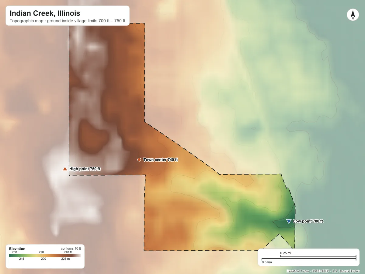 Topographic elevation map of Indian Creek, Illinois, shaded from 700 ft on the east side to 750 ft on the west side