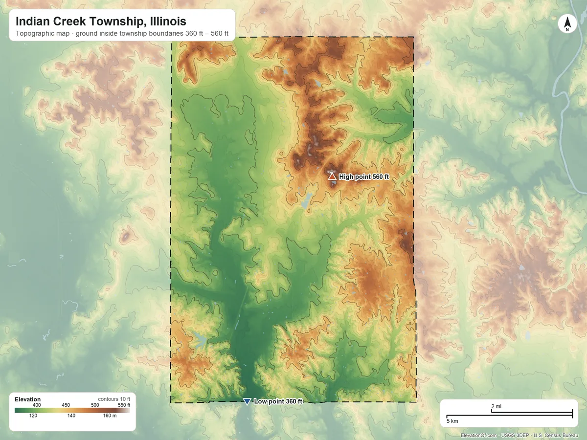 Topographic elevation map of Indian Creek Township, Illinois, shaded from 360 ft on the south side to 560 ft on the northeast side