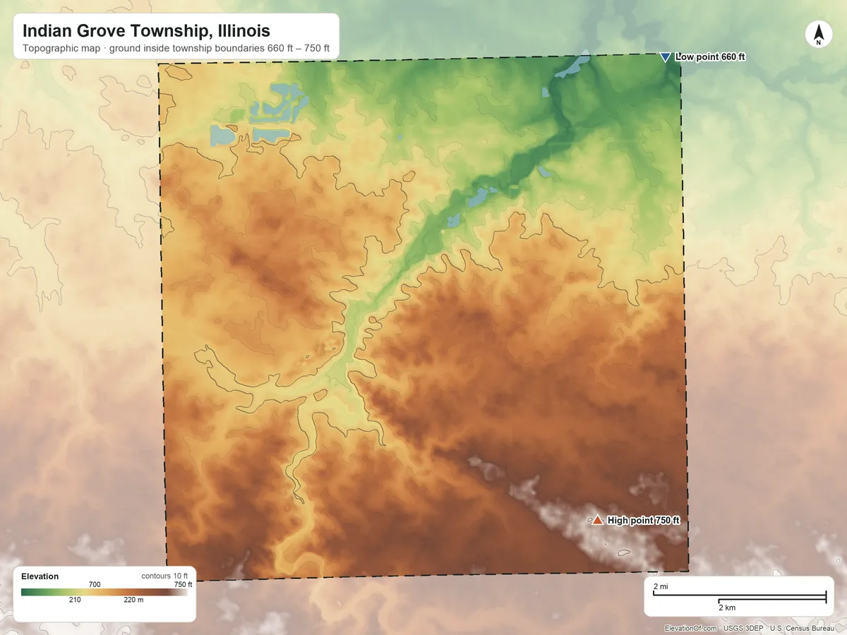 Topographic elevation map of Indian Grove Township, Illinois, shaded from 660 ft on the northeast side to 750 ft on the south side