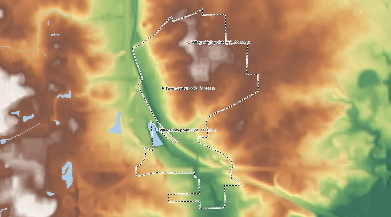 Topographic elevation map of Indian Head Park, Illinois, shaded from 620 ft on the south side to 720 ft on the northeast side