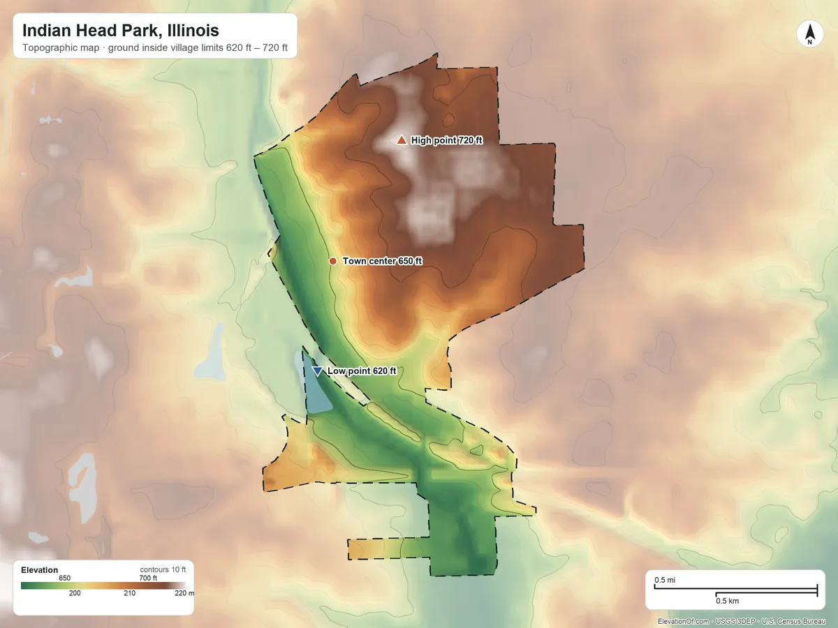 Topographic elevation map of Indian Head Park, Illinois, shaded from 620 ft on the south side to 720 ft on the northeast side